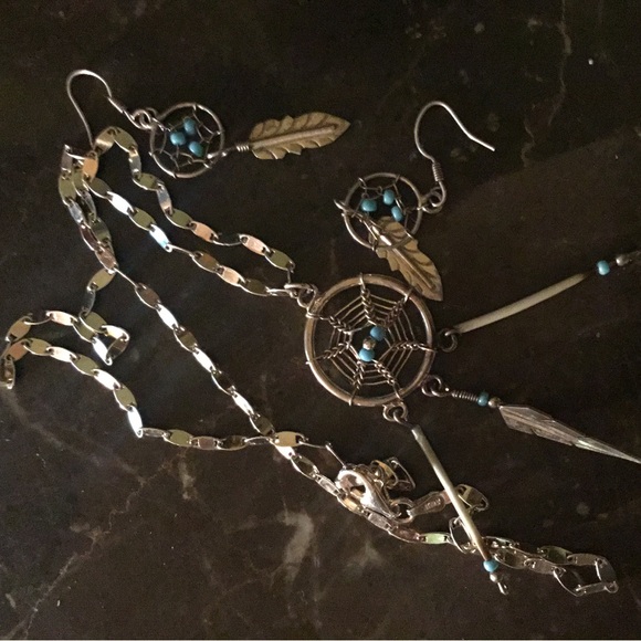 Vintage 925/Sterling Silver & Turquoise & Bone Necklace & Earring Set - Picture 14 of 15